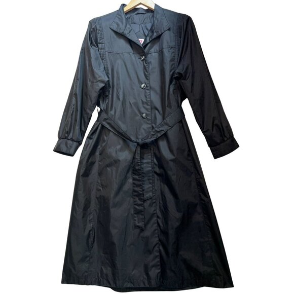 Misty Weather Women's Windbreaker Long Jacket Size 7/8 Black Button Up Belted - Picture 1 of 11